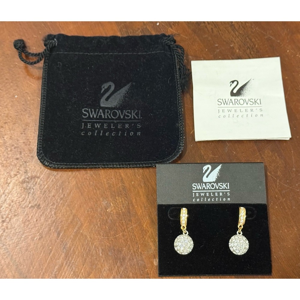 Swarovski Jeweler's Collection Gold Tone Crystal Pave Disc Drop Earrings 61550